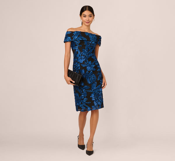 adrianna papell Off Shoulder Soutache Dress In Navy Black