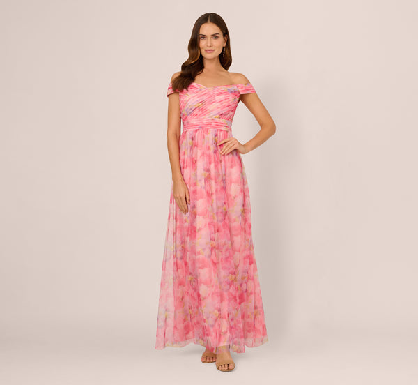 Adrianna Papell Off Shoulder Watercolor Print Tulle Gown In Pink Multi