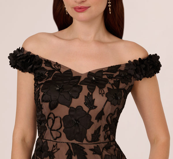 Adrianna Papell Off The Shoulder Beaded Column Gown With Rosette Accents In Black Rosegold