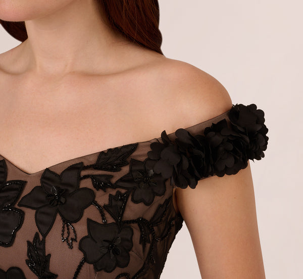 Adrianna Papell Off The Shoulder Beaded Column Gown With Rosette Accents In Black Rosegold