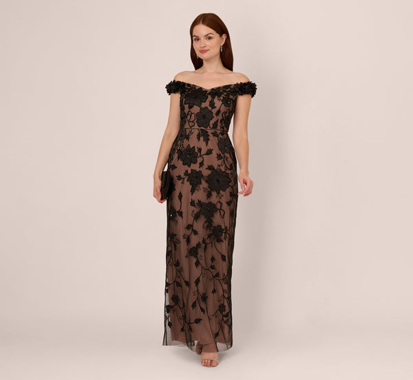 adrianna papell Off The Shoulder Beaded Column Gown With Rosette Accents In Black Rosegold
