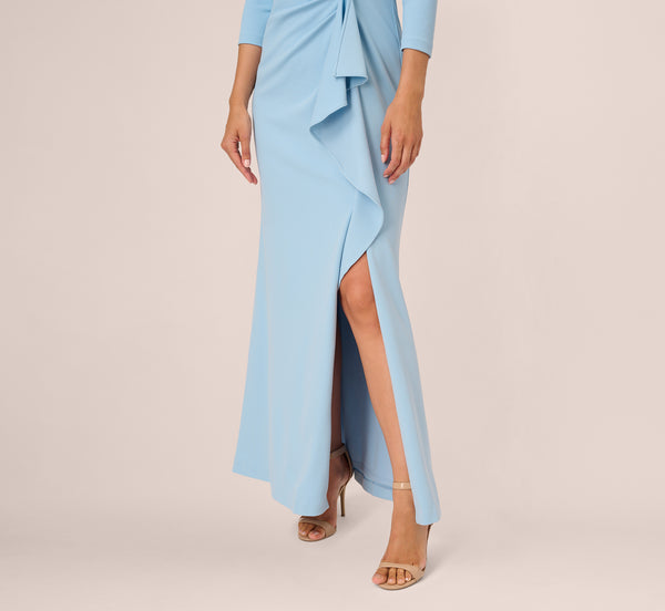 Adrianna Papell Off The Shoulder Cascading Ruffle Gown In Blue Mist