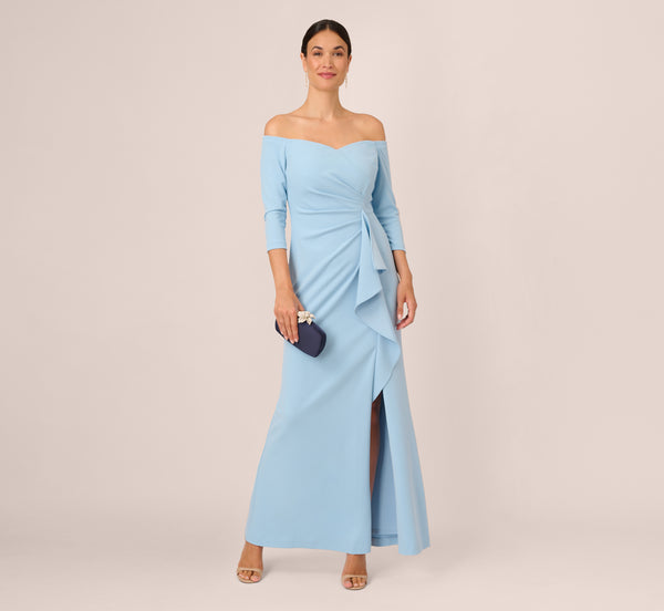 Adrianna Papell Off The Shoulder Cascading Ruffle Gown In Blue Mist
