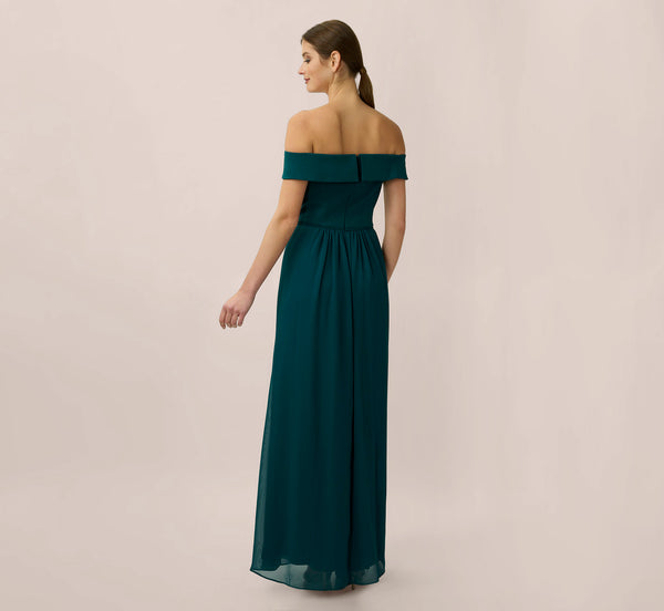 Adrianna Papell Off The Shoulder Crepe Chiffon Gown With Soft Skirt In Hunter