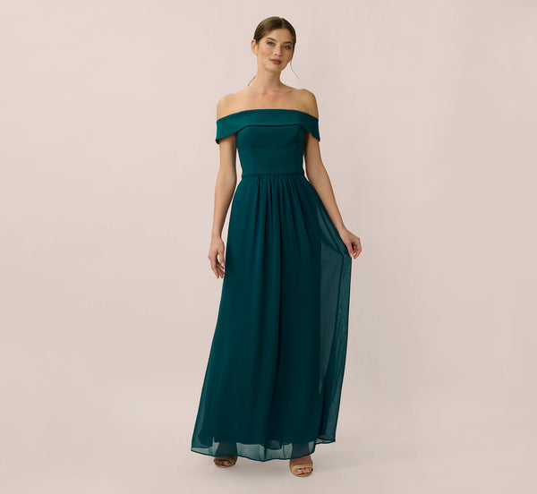 Adrianna Papell Off The Shoulder Crepe Chiffon Gown With Soft Skirt In Hunter