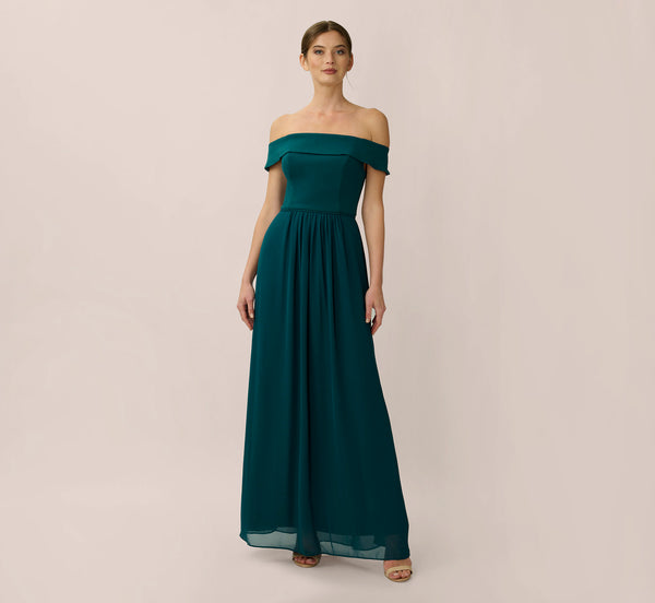 adrianna papell Off The Shoulder Crepe Chiffon Gown With Soft Skirt In Hunter