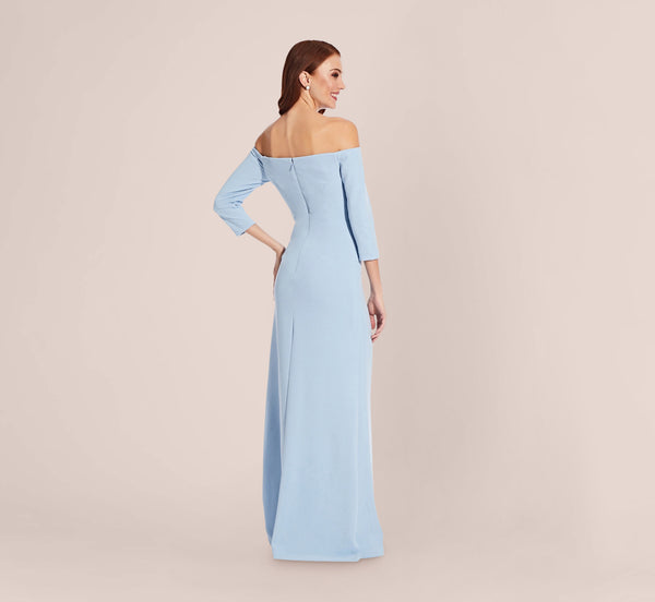 Adrianna Papell Off The Shoulder Dress With Cascading Ruffle Detail In Blue Mist