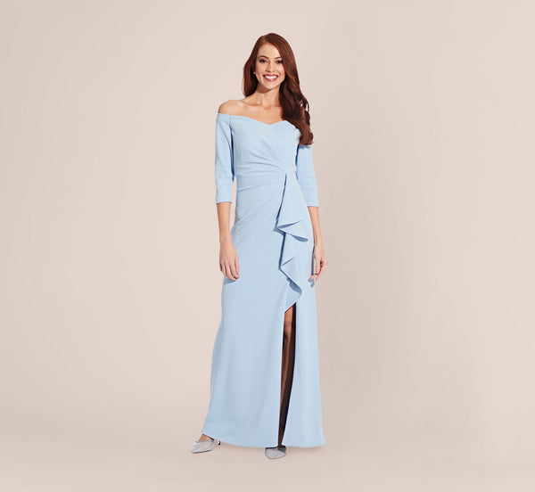 Adrianna Papell Off The Shoulder Dress With Cascading Ruffle Detail In Blue Mist