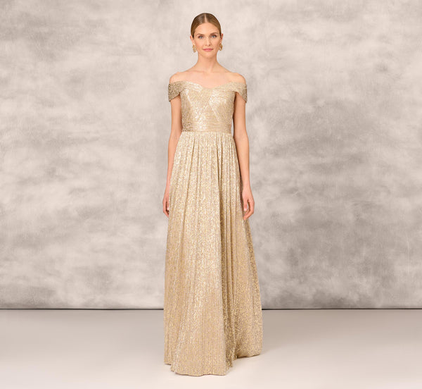 Adrianna Papell Off The Shoulder Metallic Foiled Metallic Pleated Mesh Long A-Line Ball Gown In Gold