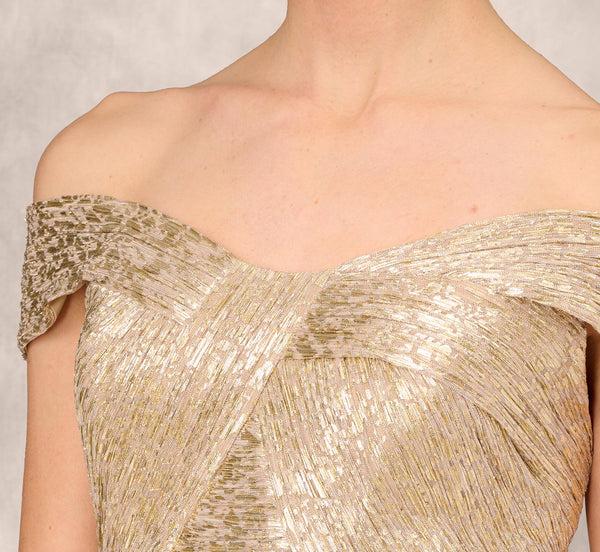 Adrianna Papell Off The Shoulder Metallic Foiled Metallic Pleated Mesh Long A-Line Ball Gown In Gold