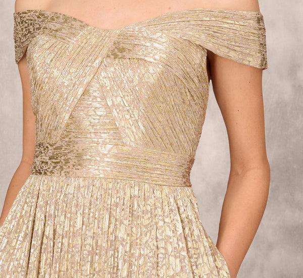 Adrianna Papell Off The Shoulder Metallic Foiled Metallic Pleated Mesh Long A-Line Ball Gown In Gold