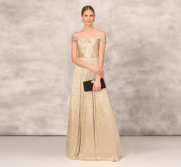adrianna papell Off The Shoulder Metallic Foiled Metallic Pleated Mesh Long A-Line Ball Gown In Gold