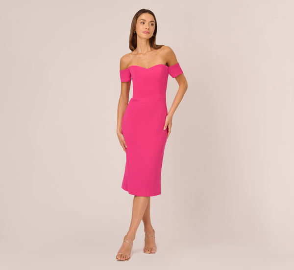 Adrianna Papell Off The Shoulder Midi Dress With Sweetheart Neckline In Brilliant Fuchsia
