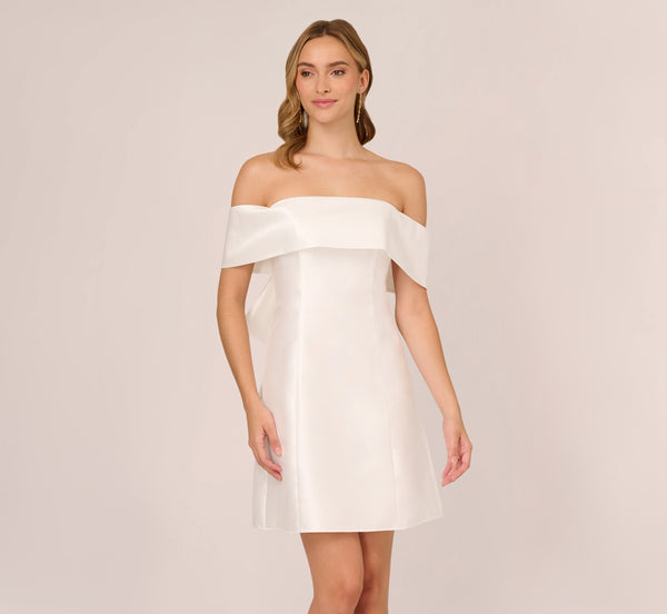 Adrianna Papell Off The Shoulder Mikado Dress With Bow Back In Ivory