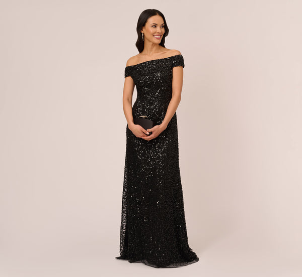 adrianna papell Off The Shoulder Sequin Beaded Gown In Black