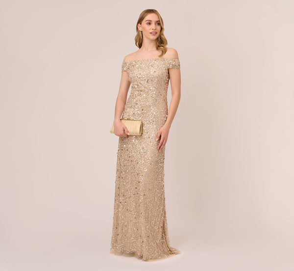Adrianna Papell Off The Shoulder Sequin Beaded Gown In Champagne