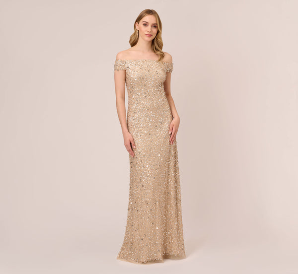 Adrianna Papell Off The Shoulder Sequin Beaded Gown In Champagne