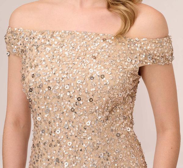 Adrianna Papell Off The Shoulder Sequin Beaded Gown In Champagne