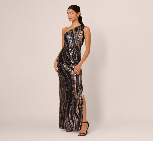 Adrianna Papell One Shoulder Abstract Sequin Gown In Black Multi