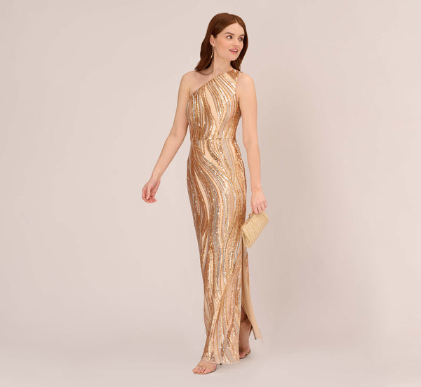 Adrianna Papell One Shoulder Abstract Sequin Gown In Champagne Gold Multi