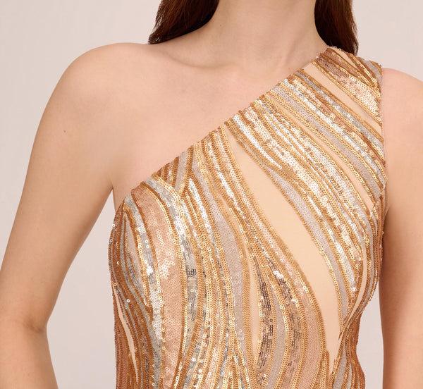 Adrianna Papell One Shoulder Abstract Sequin Gown In Champagne Gold Multi