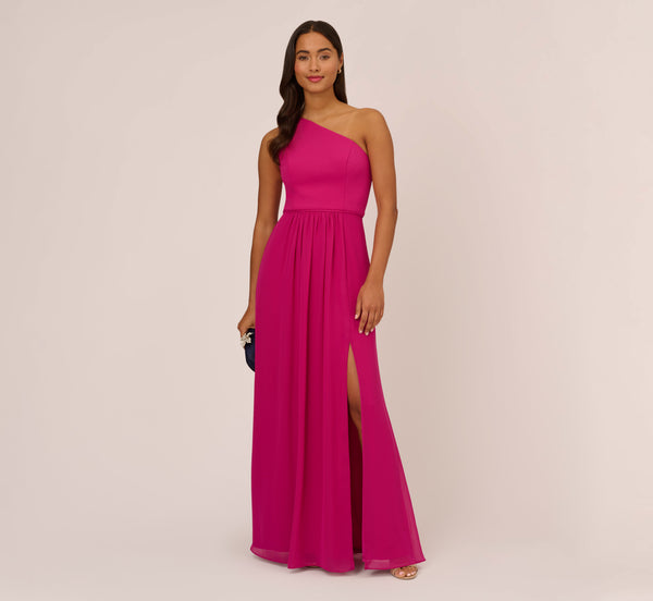 adrianna papell One Shoulder Chiffon Long Gown In Bright Magenta