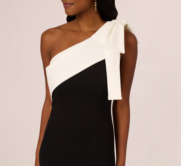 Adrianna Papell One Shoulder Color Block Bow Gown In Black Ivory