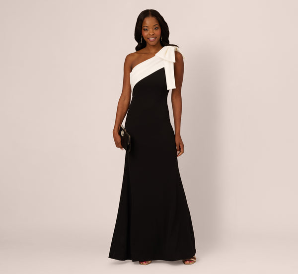 adrianna papell One Shoulder Color Block Bow Gown In Black Ivory