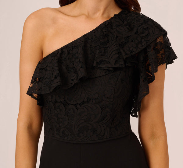 Adrianna Papell One Shoulder Crepe Jumpsuit With Lace Ruffle Details In Black