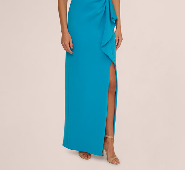 Adrianna Papell One Shoulder Draped Column Gown In Blue Azure