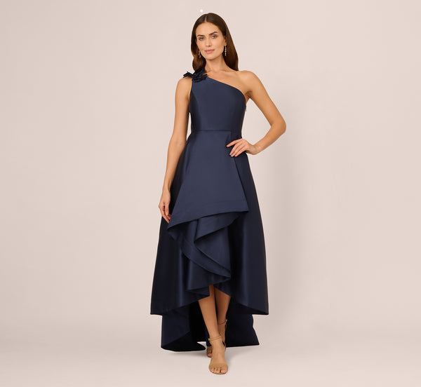 Adrianna Papell One Shoulder Draped Mikado High Low Gown In Midnight