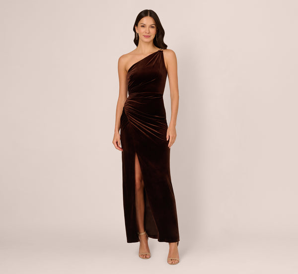 Adrianna Papell One Shoulder Draped Velvet Gown With Chain Accent In Dark Brown