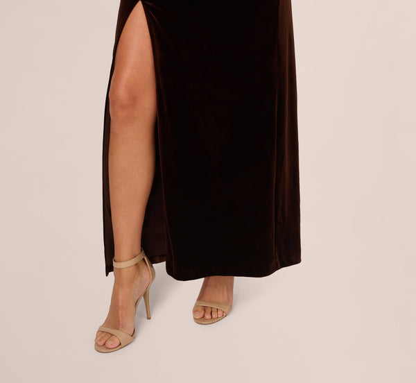 Adrianna Papell One Shoulder Draped Velvet Gown With Chain Accent In Dark Brown