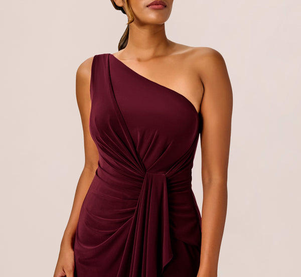 Adrianna Papell One Shoulder Dress With Draped Waist Detail In Red Wine
