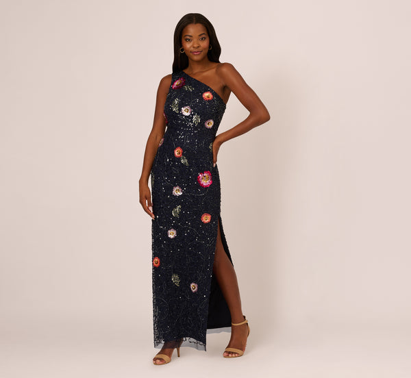 Adrianna Papell One Shoulder Floral Bead Dress In Navy Multi