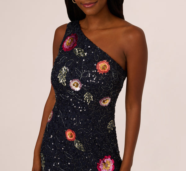 Adrianna Papell One Shoulder Floral Bead Dress In Navy Multi