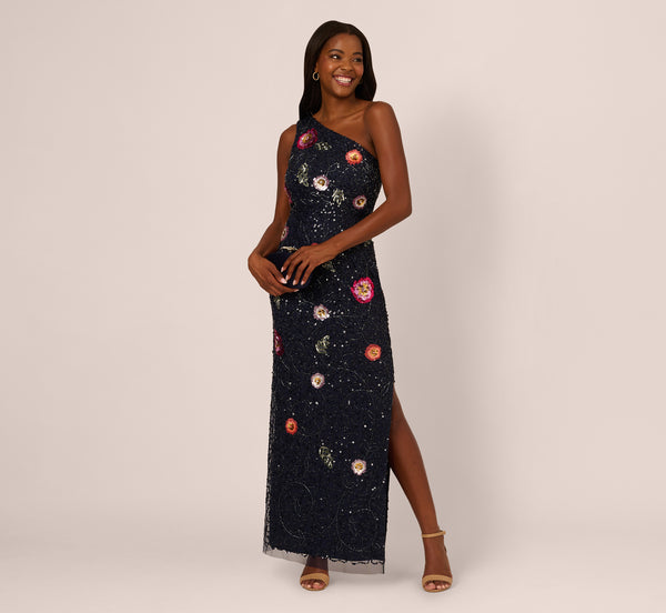 adrianna papell One Shoulder Floral Bead Dress In Navy Multi