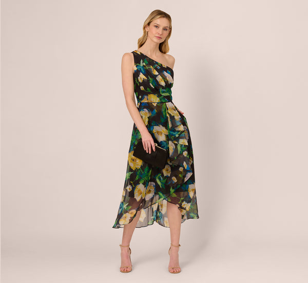 adrianna papell One Shoulder Floral Chiffon High Low Midi Dress In Black Yellow Multi