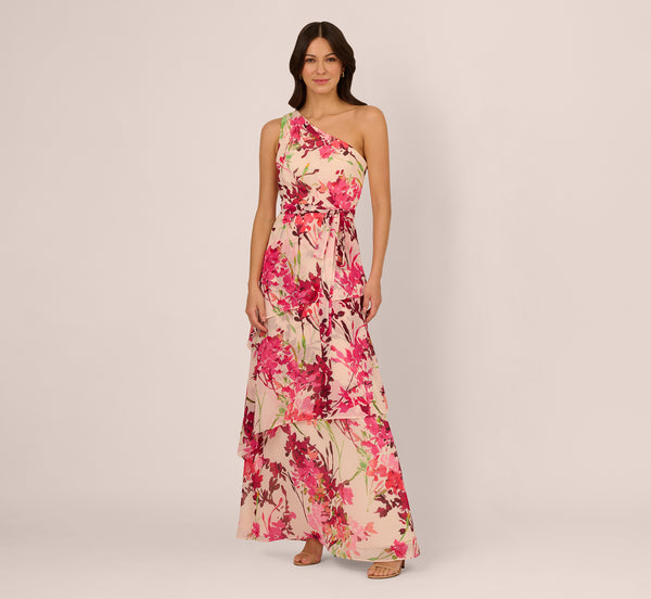 Adrianna Papell One Shoulder Floral Chiffon Tiered Gown In Alabaster Multi