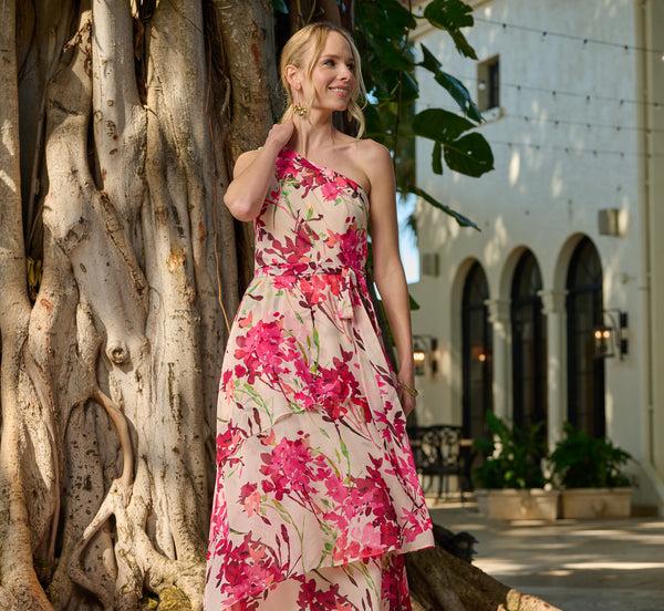 adrianna papell One Shoulder Floral Chiffon Tiered Gown In Alabaster Multi adrianna papell One Shoulder Floral Chiffon Tiered Gown In Alabaster Multi