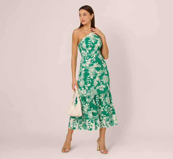 Adrianna Papell One Shoulder Floral Flounce Midi Dress In Green White