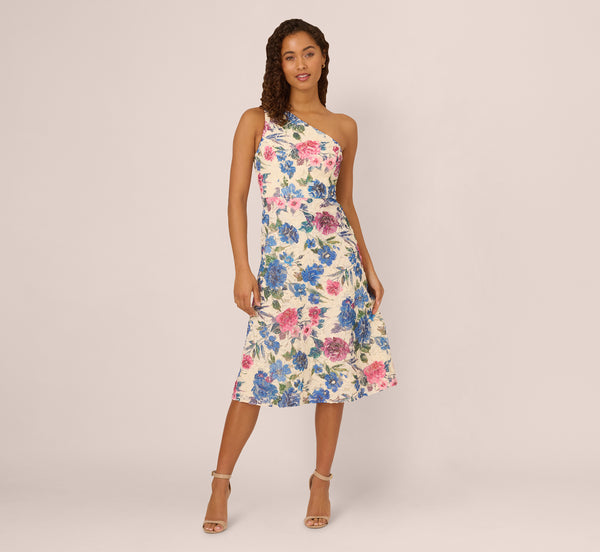 Adrianna Papell One Shoulder Floral Soutache Midi Dress In Alabaster Multi