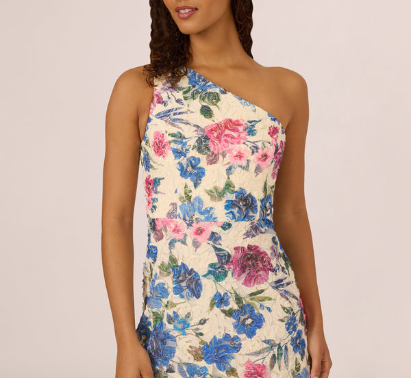 Adrianna Papell One Shoulder Floral Soutache Midi Dress In Alabaster Multi