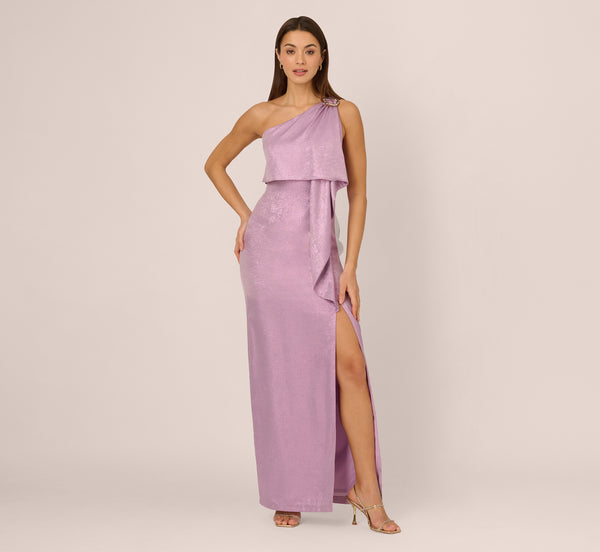 Adrianna Papell One Shoulder Foil Draped Popover Gown In Light Purple