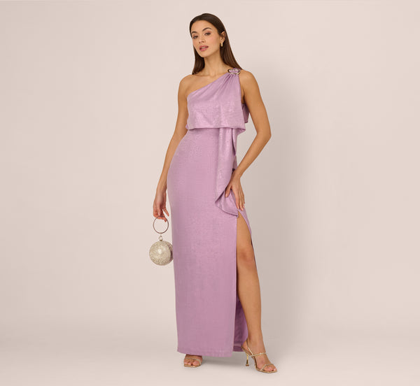 adrianna papell One Shoulder Foil Draped Popover Gown In Light Purple