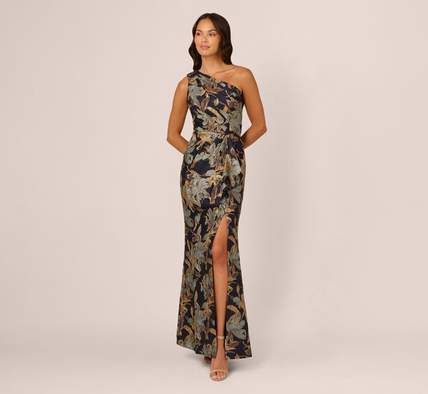 Adrianna Papell One Shoulder Jacquard Dress In Blue Gold