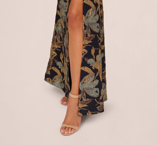 Adrianna Papell One Shoulder Jacquard Dress In Blue Gold