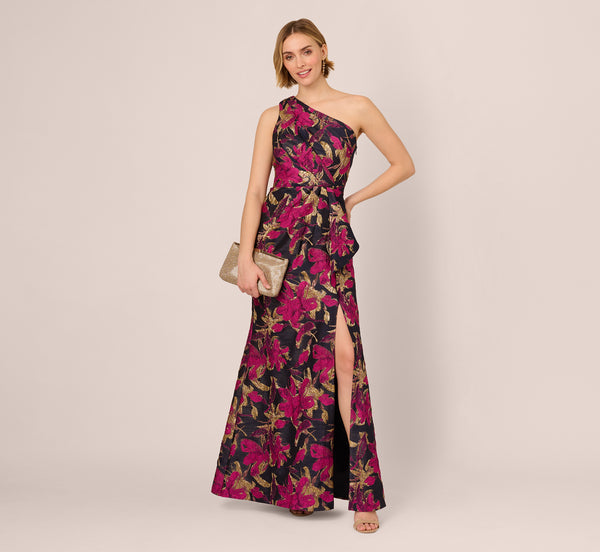 Adrianna Papell One Shoulder Jacquard Dress In Navy Pink