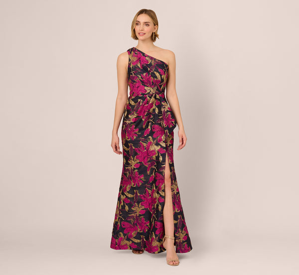 Adrianna Papell One Shoulder Jacquard Dress In Navy Pink