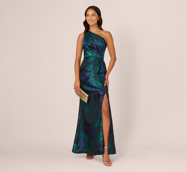 Adrianna Papell One Shoulder Jacquard Mermaid Gown With Drape Detail In Cobalt Teal